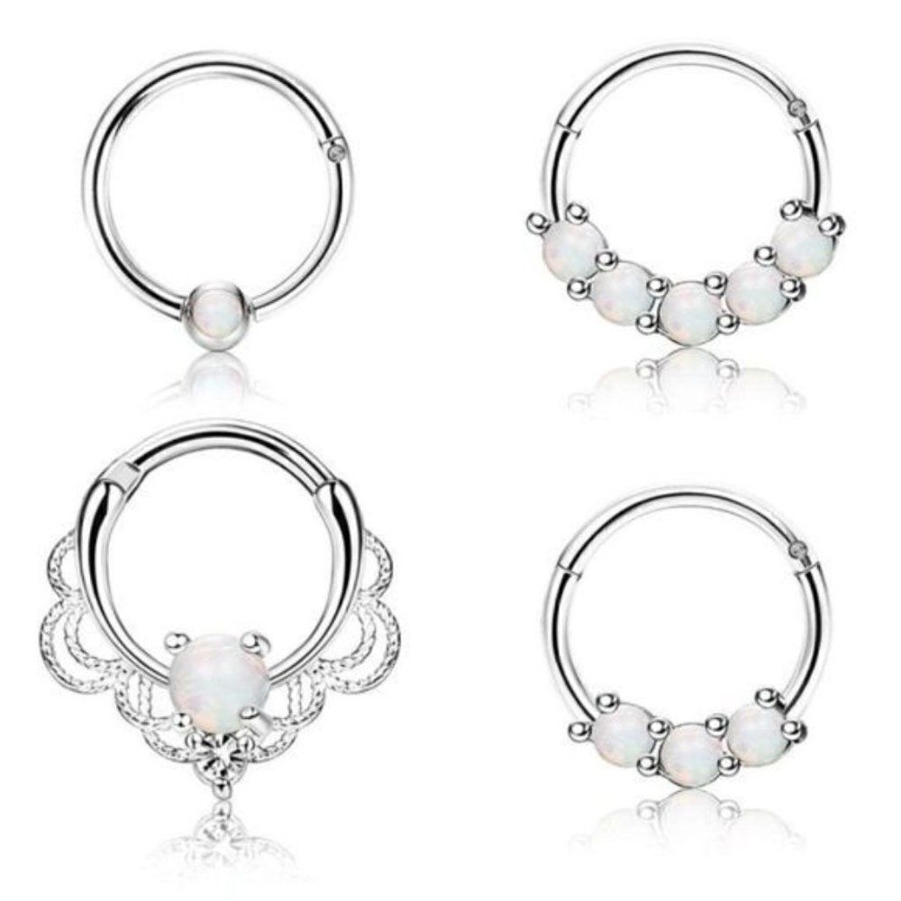 16G 316L Stainless Steel Silver with White Fire Opal Nose Hoop Rings - Set of 4